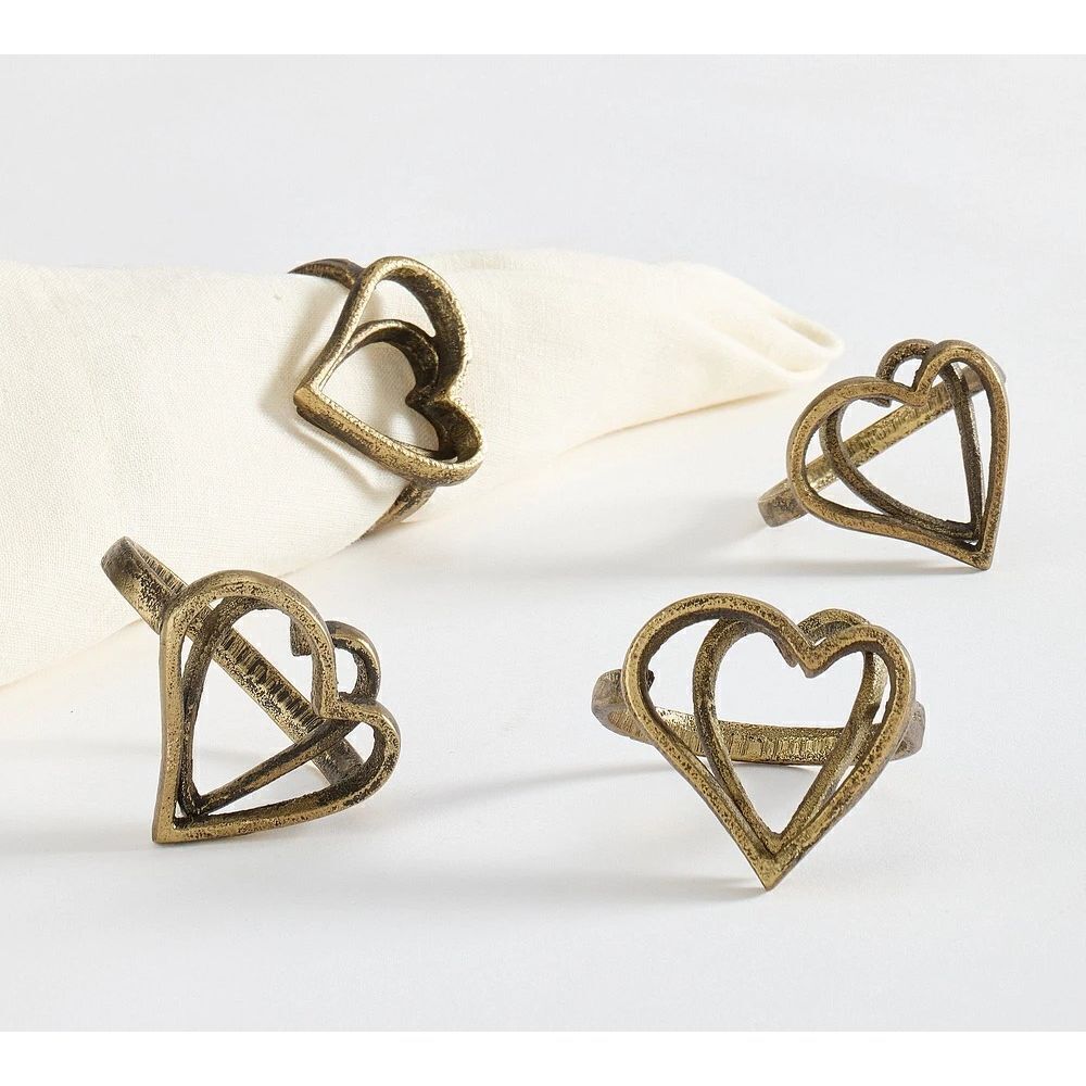 Pottery Barn Heart-Shaped Napkin Rings Set of 4 - Handcrafted Aluminum Brass Fin